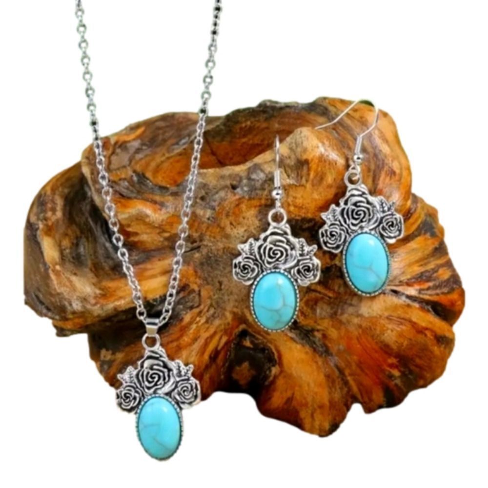 Vintage Round Ancient Silver Charm Geometric Pattern necklace set
